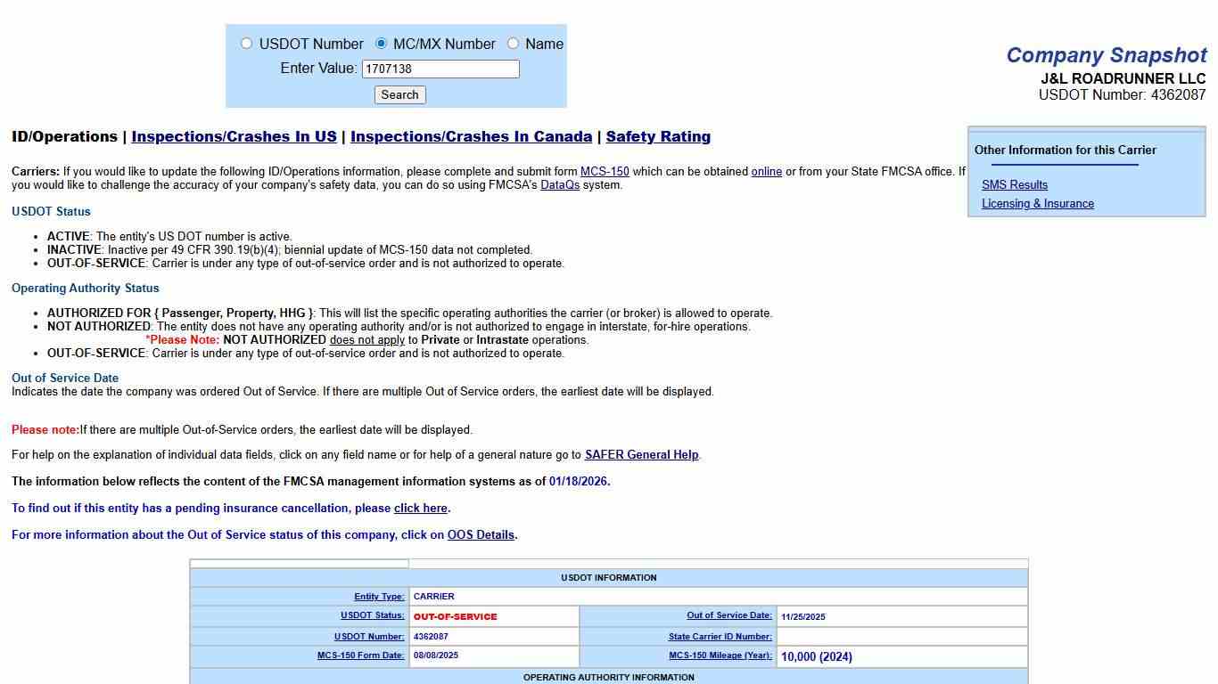 SAFER Web - Company Snapshot J&L ROADRUNNER LLC